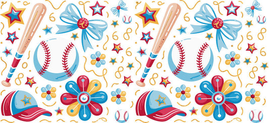 Pastel Baseball Bows UV DTF Cup Wrap for 16oz Libbey KA-6509