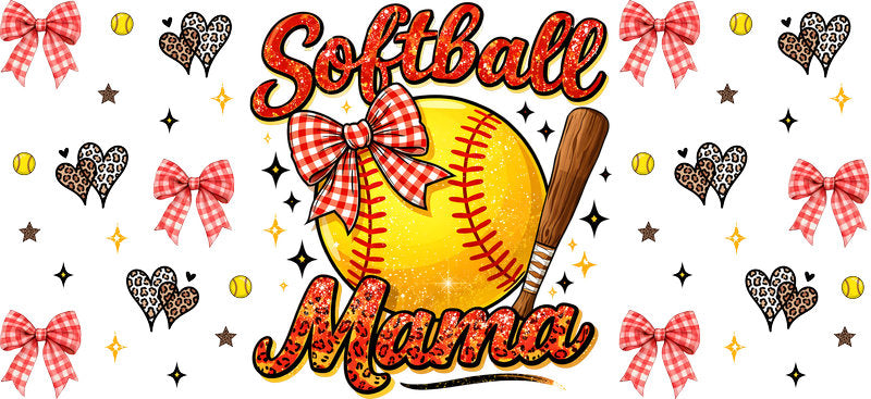 Softball Mama Heart Bow UV DTF Cup Wrap for 16oz Libbey Glass KA-6544