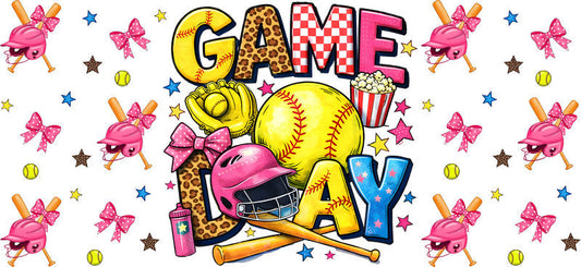 Softball Game Day Pink UV DTF Cup Wrap for 16oz Libbey Glass KA-6549
