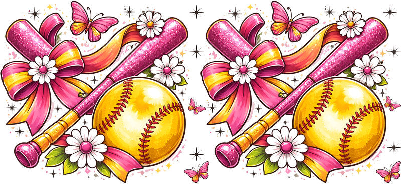 Pink Softball Bow UV DTF Cup Wrap for 16oz Libbey Glass KA-6571