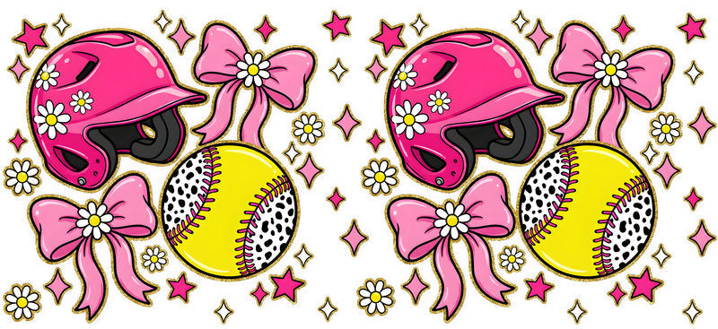 Pink Softball Helmet Bow UV DTF Cup Wrap for 16oz Libbey Glass KA-6576