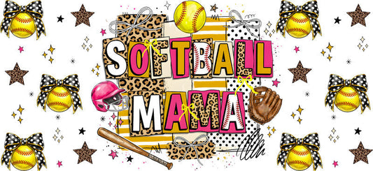 Softball Mama Stars Glitter UV DTF Cup Wrap for 16oz Libbey Glass KA-6578