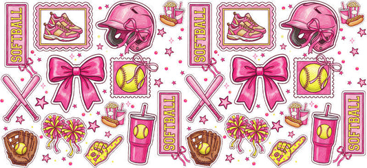 Pink Softball Accessories UV DTF Cup Wrap for 16oz Libbey Glass KA-6589