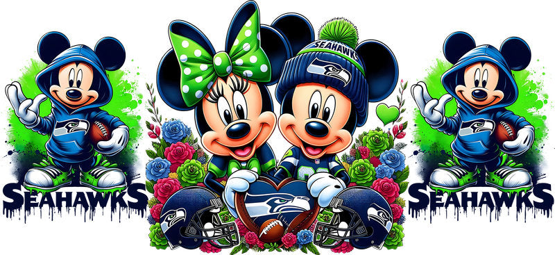 Seattle Seahawks Mickey Minnie NFL UV DTF Cup Decal Design for 16oz Libbey Glass KA-7127