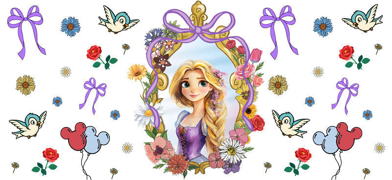 Disney Rapunzel Floral UV DTF Cup Wrap Design for 16oz Libbey Glass KA-7350