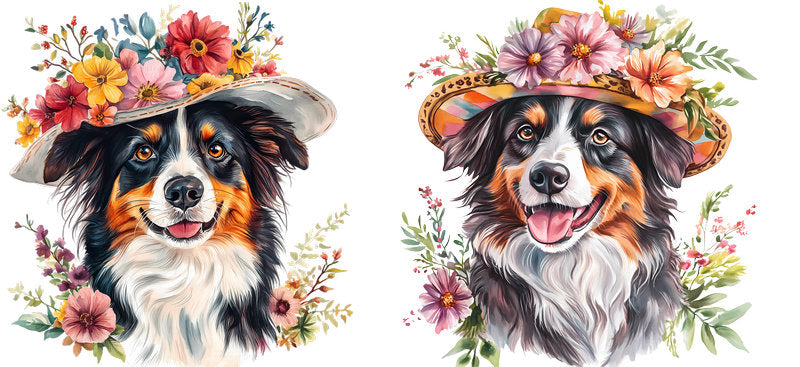 Floral Australian Shepherd Dog UV DTF Cup Wrap for 16oz Libbey Glass KA-7501