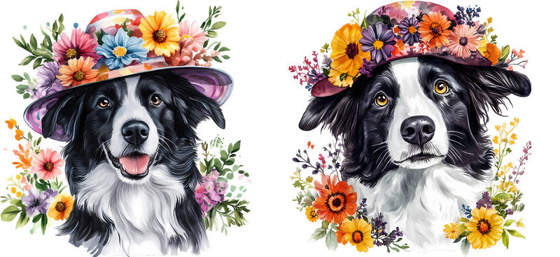 Floral Border Collie Dog UV DTF Cup Wrap for 16oz Libbey Glass KA-7512