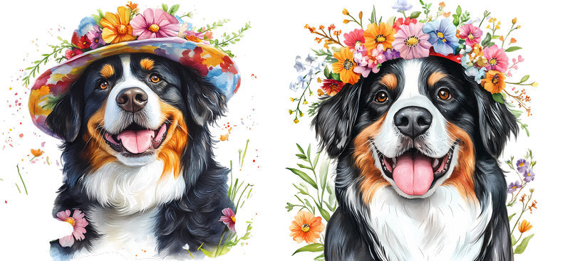 Floral Bernese Mountain Dog with Floral Hat UV DTF Cup Wrap for 16oz Libbey Glass KA-7581