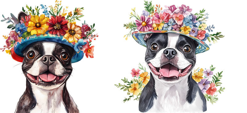 Floral Boston Terrier Dog in Flower Garden UV DTF Cup Wrap for 16oz Libbey Glass KA-7582