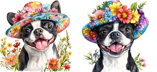 Floral Boston Terrier Dog with Blossom Crown UV DTF Cup Wrap for 16oz Libbey Glass KA-7583