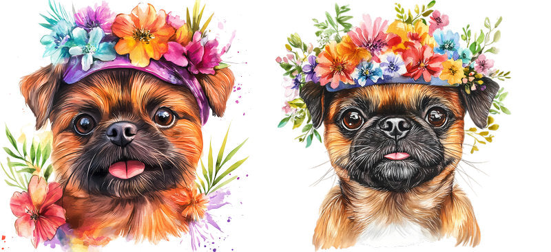 Floral Brussels Griffon Dog Botanical Artwork UV DTF Cup Wrap for 16oz Libbey Glass KA-7586
