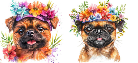 Floral Brussels Griffon Dog Botanical Artwork UV DTF Cup Wrap for 16oz Libbey Glass KA-7586