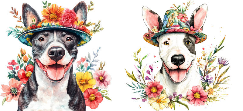 Floral Bull Terrier Dog with Wildflower Theme UV DTF Cup Wrap for 16oz Libbey Glass KA-7588