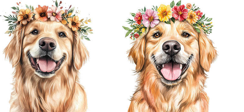 Floral Golden Retriever Dog Flower Crown Design UV DTF Cup Wrap for 16oz Libbey Glass KA-7635
