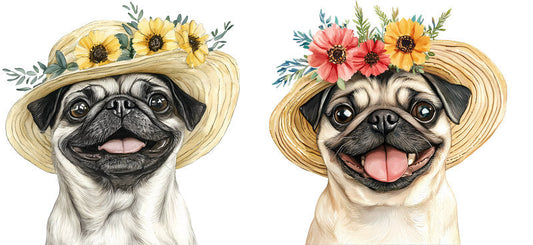 Floral Pug Dog Wearing Sunflower Hat UV DTF Cup Wrap for 16oz Libbey Glass KA-7681