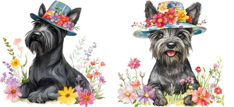 Floral Scottish Terrier Dog Wearing Floral Top Hat UV DTF Cup Wrap for 16oz Libbey Glass KA-7688