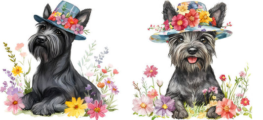Floral Scottish Terrier Dog Wearing Floral Top Hat UV DTF Cup Wrap for 16oz Libbey Glass KA-7688