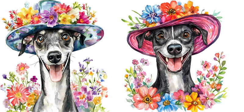 Floral Italian Greyhound Dog Wearing Floral Hat UV DTF Cup Wrap for 16oz Libbey Glass KA-7694