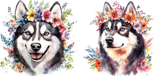 Floral Husky Dog Wearing Wildflower Crown UV DTF Cup Wrap for 16oz Libbey Glass KA-7713