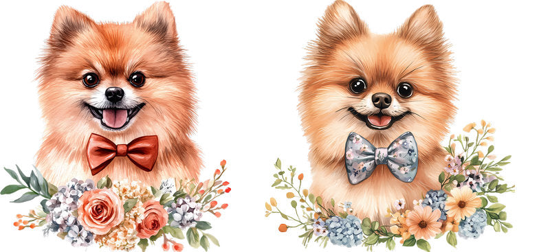 Floral Pomeranian Dog Wearing Bow Tie Floral Design UV DTF Cup Wrap for 16oz Libbey Glass KA-7726
