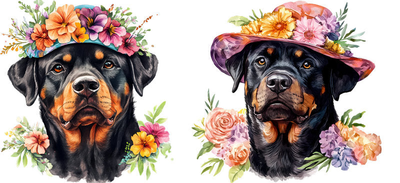 Floral Rottweiler Dog Wearing Floral Sun Hat UV DTF Cup Wrap for 16oz Libbey Glass KA-7736