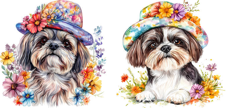 Floral Shih Tzu Dog Wearing Floral Garden Hat UV DTF Cup Wrap for 16oz Libbey Glass KA-7740