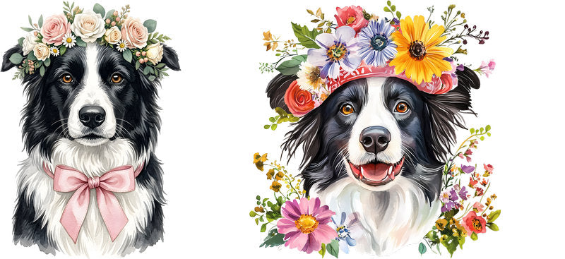 Floral Border Collie Dog Wearing Floral Crown UV DTF Cup Wrap for 16oz Libbey Glass KA-7746