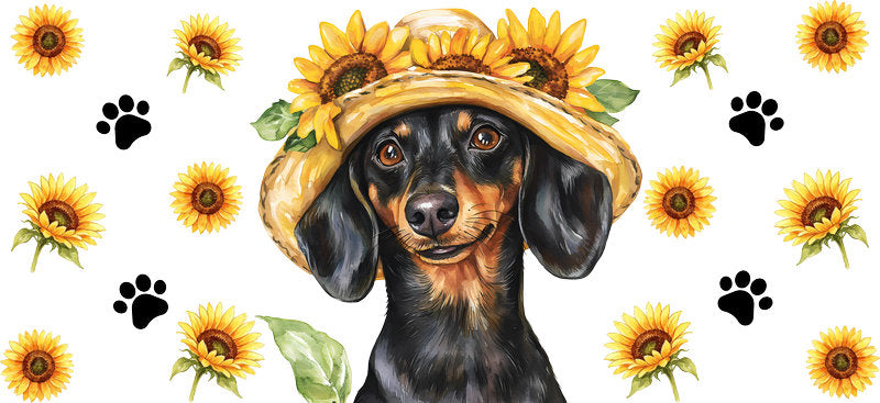 Floral Rottweiler Dog Wearing Sunflower Hat UV DTF Cup Wrap for 16oz Libbey Glass KA-7752