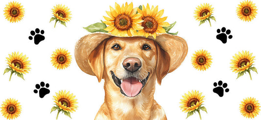 Floral Golden Retriever Dog Wearing Sunflower Crown UV DTF Cup Wrap for 16oz Libbey Glass KA-7753