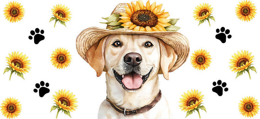 Floral Golden Retriever Dog Wearing Sunflower Hat UV DTF Cup Wrap for 16oz Libbey Glass KA-7754