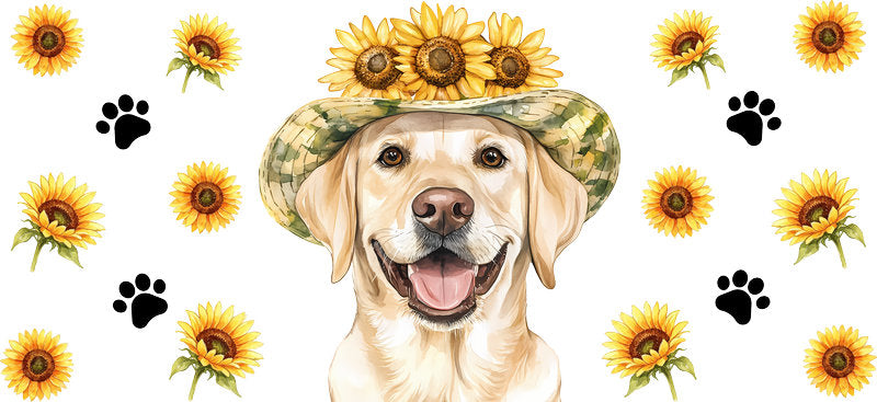 Floral Golden Retriever Dog Sunflower Crown Pattern UV DTF Cup Wrap for 16oz Libbey Glass KA-7755