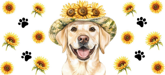 Floral Golden Retriever Dog Sunflower Crown Pattern UV DTF Cup Wrap for 16oz Libbey Glass KA-7755