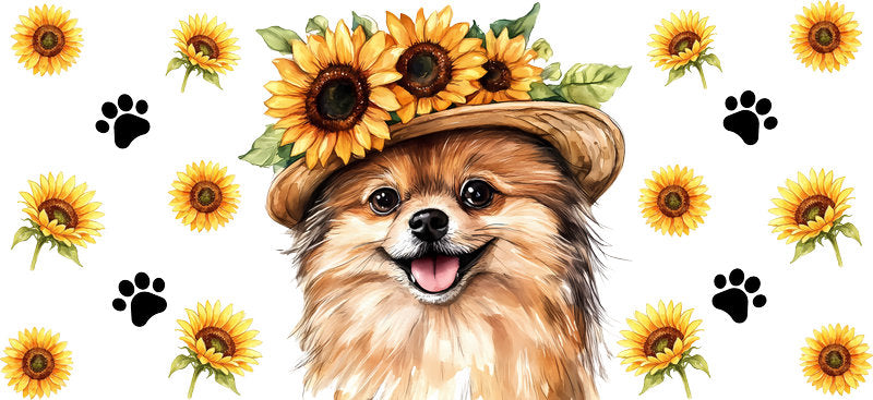 Floral Pomeranian Dog Wearing Sunflower Hat UV DTF Cup Wrap for 16oz Libbey Glass KA-7756
