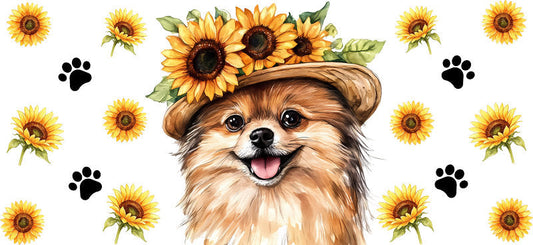 Floral Pomeranian Dog Wearing Sunflower Hat UV DTF Cup Wrap for 16oz Libbey Glass KA-7756