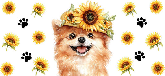 Floral Pomeranian Dog Wearing Sunflower Crown UV DTF Cup Wrap for 16oz Libbey Glass KA-7757