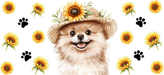 Floral Pomeranian Dog Sunflower Garden Artwork UV DTF Cup Wrap for 16oz Libbey Glass KA-7758