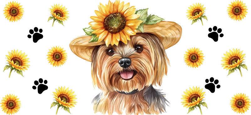 Floral Yorkshire Terrier Dog Wearing Sunflower Crown UV DTF Cup Wrap for 16oz Libbey Glass KA-7760