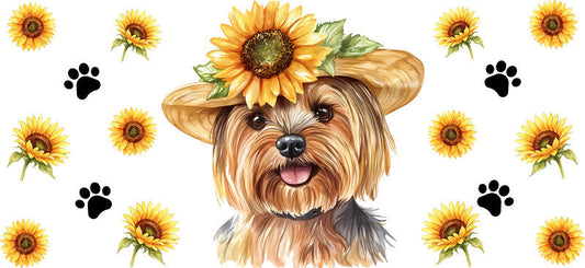 Floral Yorkshire Terrier Dog Wearing Sunflower Crown UV DTF Cup Wrap for 16oz Libbey Glass KA-7760