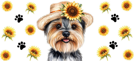 Floral Yorkshire Terrier Dog Wearing Sunflower Bonnet UV DTF Cup Wrap for 16oz Libbey Glass KA-7763