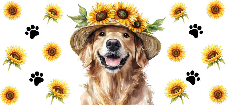 Floral Golden Retriever Dog Wearing Sunflower Hat UV DTF Cup Wrap for 16oz Libbey Glass KA-7764