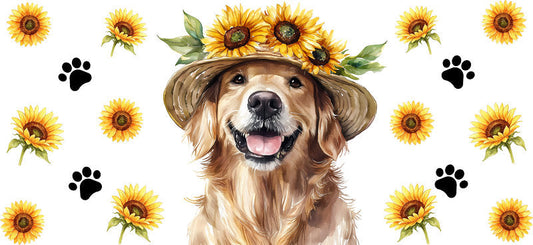 Floral Golden Retriever Dog Wearing Sunflower Hat UV DTF Cup Wrap for 16oz Libbey Glass KA-7764