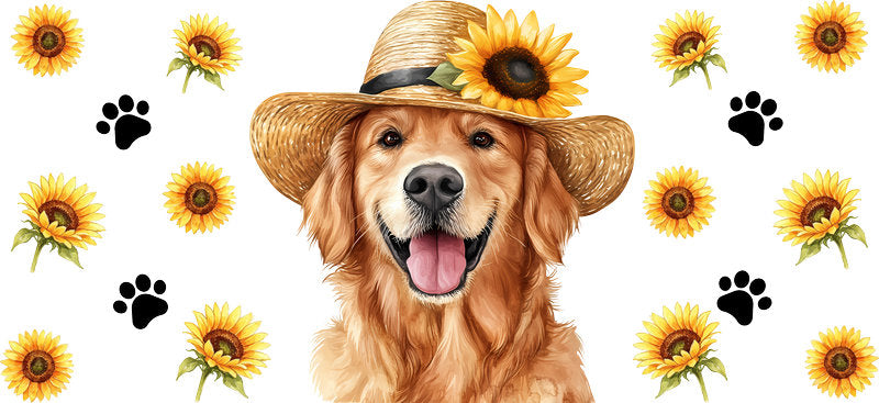 Floral Golden Retriever Dog Sunflower Meadow UV DTF Cup Wrap for 16oz Libbey Glass KA-7765