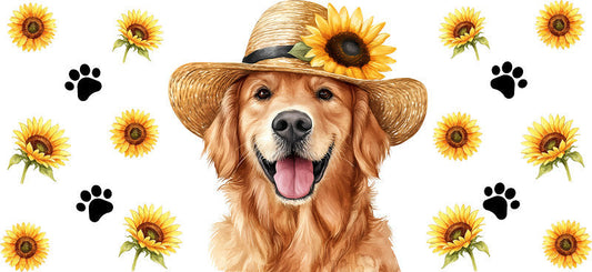 Floral Golden Retriever Dog Sunflower Meadow UV DTF Cup Wrap for 16oz Libbey Glass KA-7765