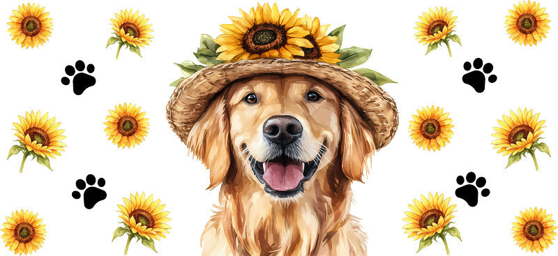 Floral Golden Retriever Dog Wearing Sunflower Garden Hat UV DTF Cup Wrap for 16oz Libbey Glass KA-7766