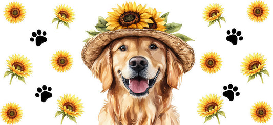 Floral Golden Retriever Dog Wearing Sunflower Garden Hat UV DTF Cup Wrap for 16oz Libbey Glass KA-7766