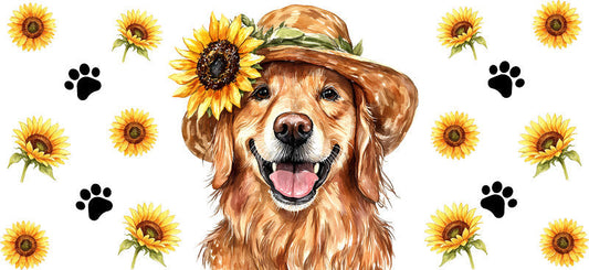 Floral Golden Retriever Dog Sunflower Blossom UV DTF Cup Wrap for 16oz Libbey Glass KA-7767