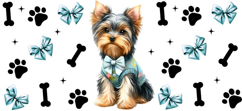 Yorkie dog bow UV DTF cup wrap for 16oz Libbey glass, cute dog lover drinkware transfer KA-7841
