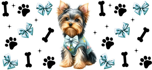 Yorkie dog bow UV DTF cup wrap for 16oz Libbey glass, cute dog lover drinkware transfer KA-7841