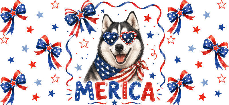 Husky dog Merica UV DTF cup wrap for 16oz Libbey glass, patriotic dog lover drinkware transfer KA-7845