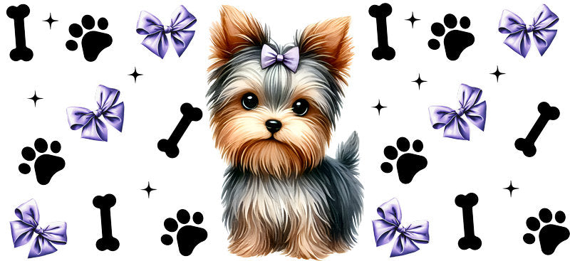 Yorkie dog bow UV DTF cup wrap for 16oz Libbey glass, cute dog lover drinkware transfer KA-7846
